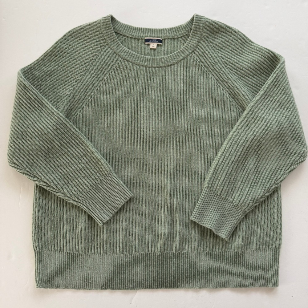 J.Crew 100% Cashmere Ribbed Crewneck Sweater Medium Sage Green Raglan Sleeve